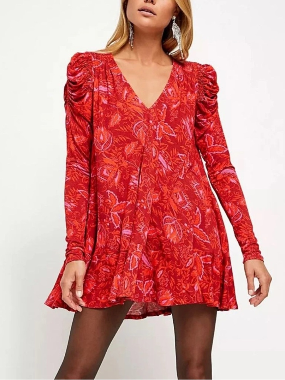 Free People Hello Lover Red Floral Long Sleeve Tunic Minidress